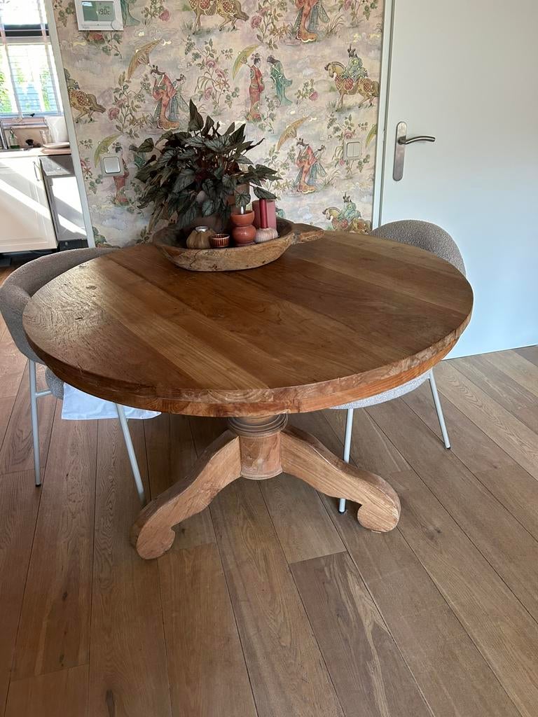 Massief teak Houten eettafel 120 rond, Huis en Inrichting, Tafels | Eettafels, Ophalen, 100 tot 150 cm, Rond, Zo goed als nieuw