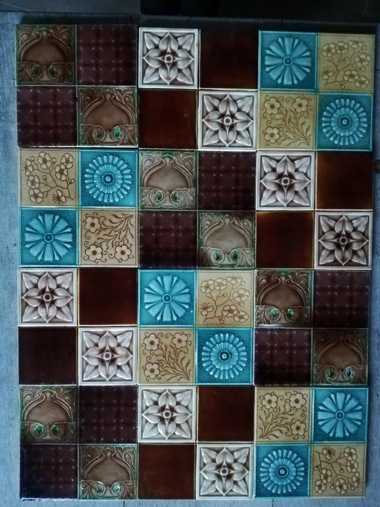 Mix van 12 antieke Engelse art nouveau tegels 46,2 x 61,7cm, Antiek en Kunst, Antiek | Wandborden en Tegels, Ophalen