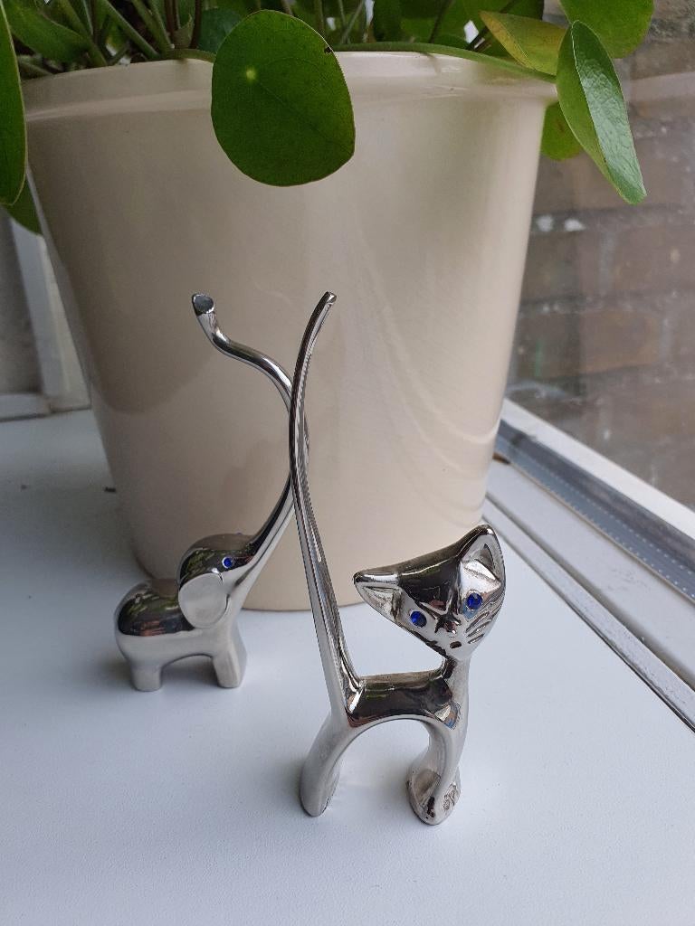 Vintage ringhouder set kat olifant zilverkleurig jaren 70, Ophalen of Verzenden