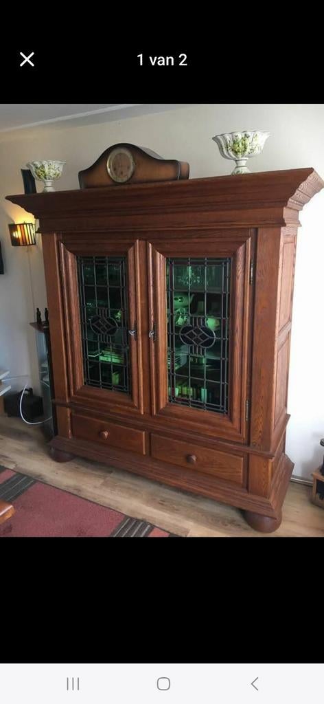 Antieke geloogd eiken kast met glas-in-lood deuren, Antiek en Kunst, Ophalen