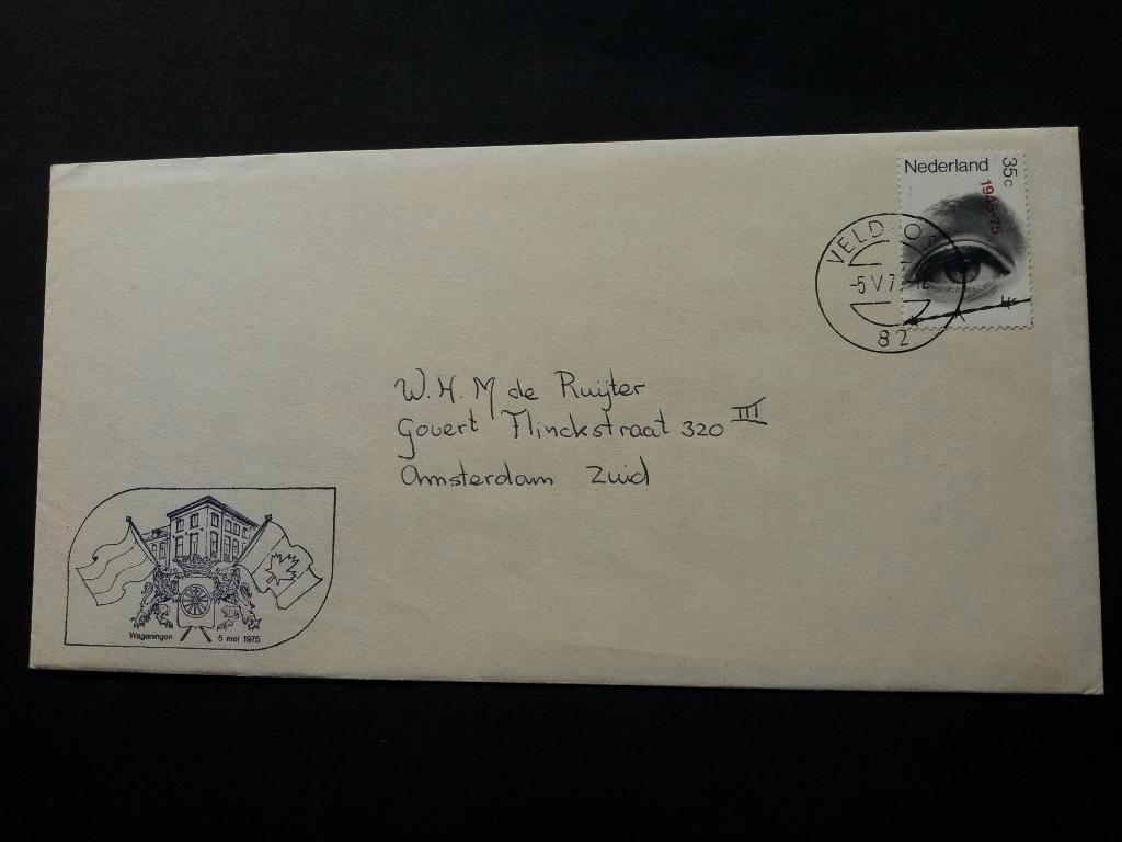Nederland Wageningen 5 mei 1975 met veldpoststempel gest., Postzegels en Munten, Brieven en Enveloppen | Nederland, Ophalen of Verzenden