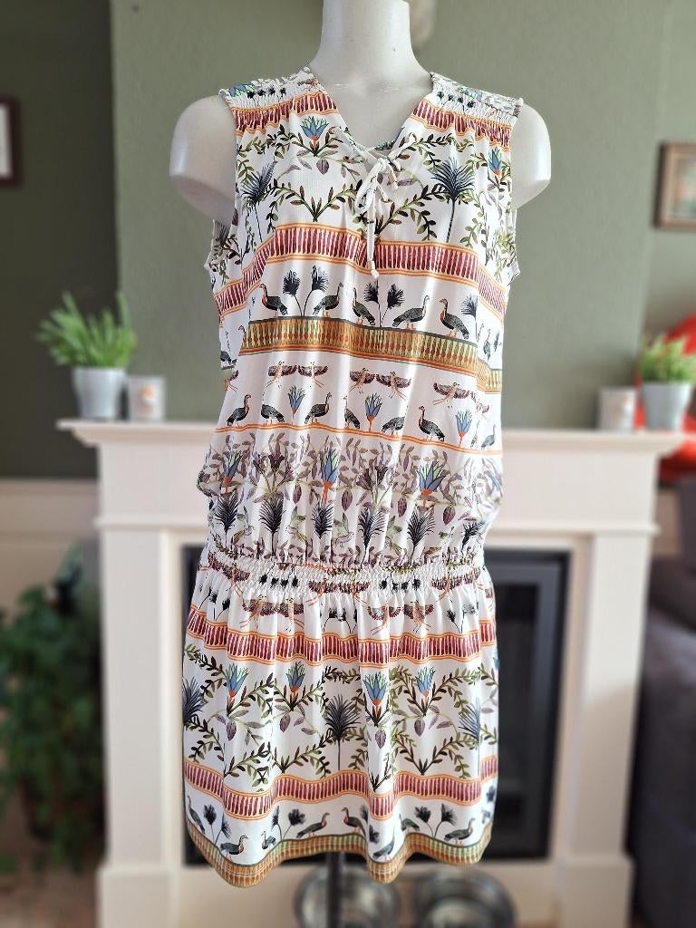 K-Design K Design vogel wit groen jurk L, K-design, Verzenden, Maat 42/44 (L), Zo goed als nieuw