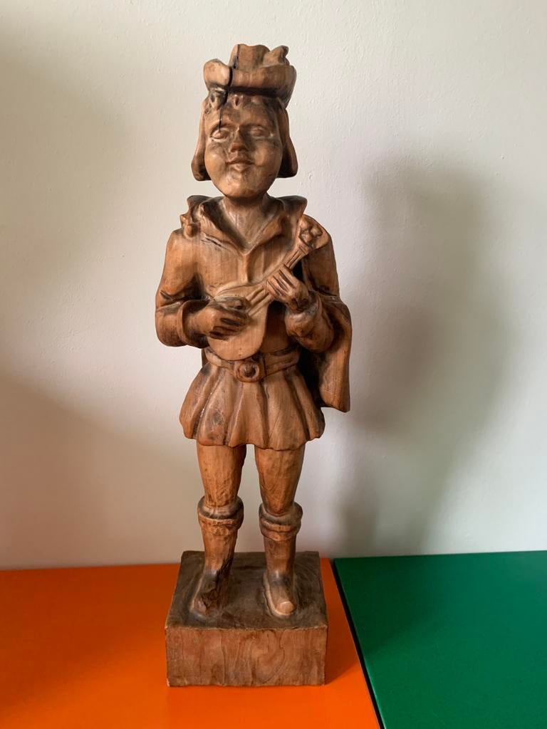 Vintage houtsnijwerk reiziger met luit, Antiek en Kunst, Ophalen of Verzenden