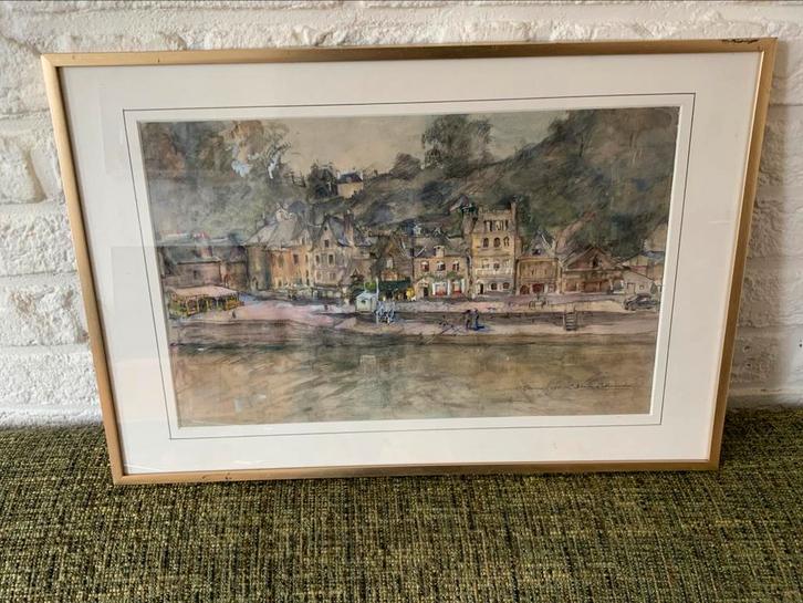 Aquarel Schilderij Leonie Lutomirski Stadsgezicht Dinant, Antiek en Kunst, Kunst | Schilderijen | Klassiek, Ophalen of Verzenden