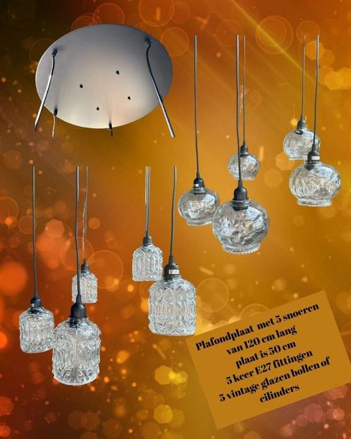 Hanglamp met vijf vintage glazen bollen/cilinders, Huis en Inrichting, Lampen | Hanglampen, Gebruikt, 75 cm of meer, Glas, Overige materialen