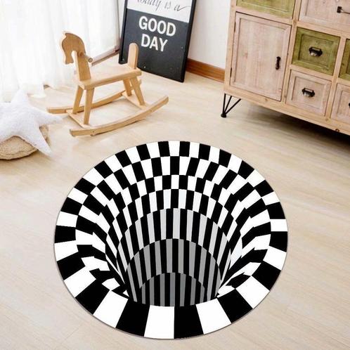 Rond Geometrisch Gat Vloerkleed 2 3D Kleed Zwart Wit Diepte, Huis en Inrichting, Stoffering | Tapijten en Kleden, Nieuw, Rond