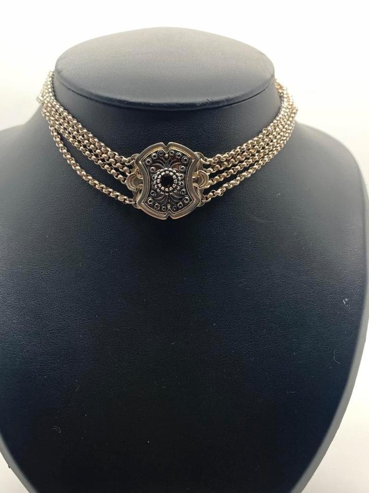 X224 Prachtige antieke zilveren ketting granaat, Sieraden, Tassen en Uiterlijk, Antieke sieraden, Ketting, Zilver, Met edelsteen