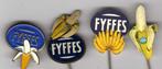 4 verschillende FYFFES BANANEN BANAAN speldjes.(A3)  KIJK OO, Verzamelen, Speldjes, Pins en Buttons, Verzenden, Gebruikt, Overige onderwerpen