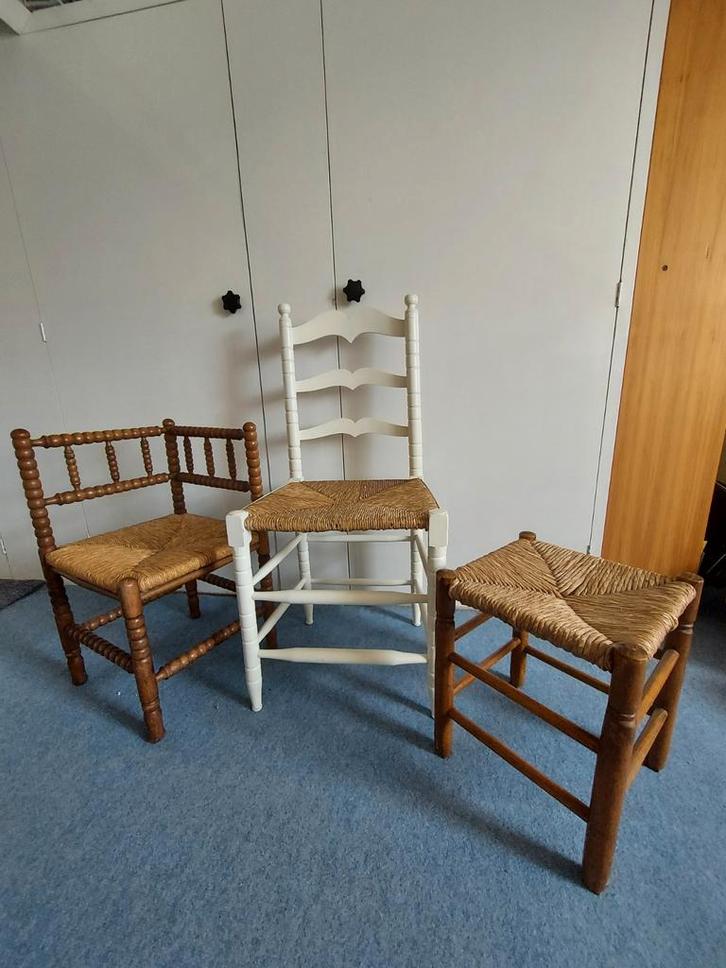 Rieten Stoel, Kruk met Leuningen & Kruk - Set van 3, Huis en Inrichting, Stoelen, Eén, Hout, Riet of Rotan, Bruin, Ophalen