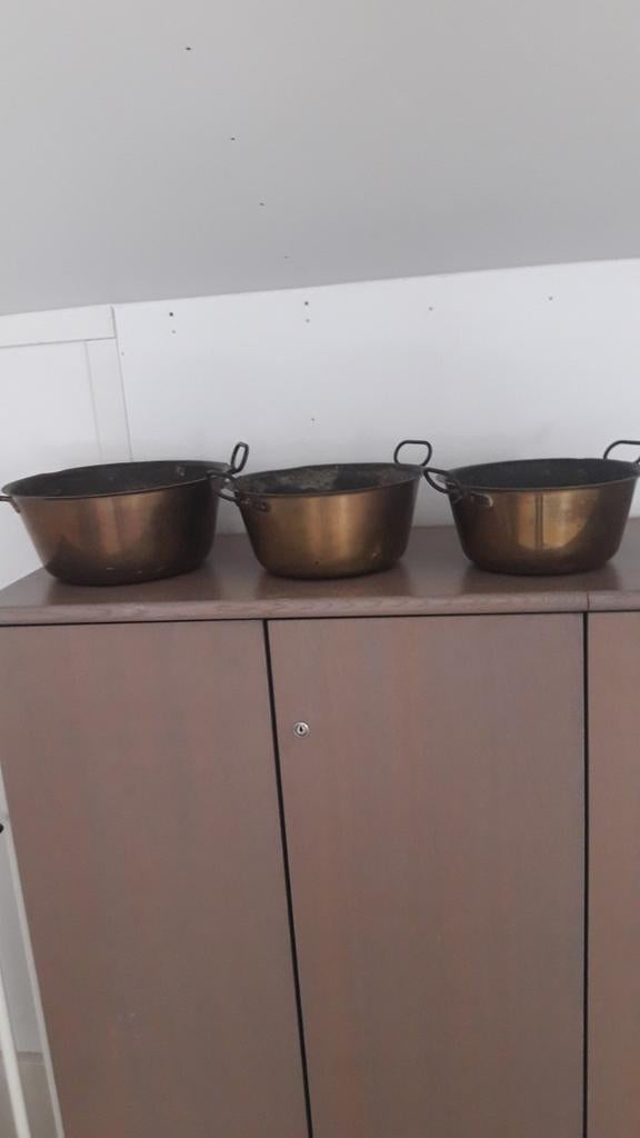 3 geelkoperen oude( Antieke) bakken,ketels,pannen., Ophalen of Verzenden