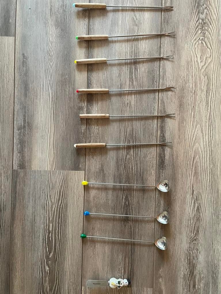 •	Vintage fondue vorkjes en lepels – set, Ophalen of Verzenden, Gebruikt, Rvs of Chroom, Los bestek