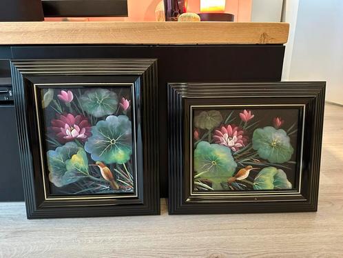 Set van 2 Schilderijen Lotus en Vogels op Zwart, Antiek en Kunst, Kunst | Schilderijen | Klassiek, Ophalen