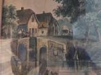 18e of 19e eeuwse aquarel haventje rivier kust roeiers brug., Ophalen of Verzenden