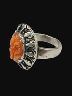 Zilveren Ring met bloedkoraal, Sieraden, Tassen en Uiterlijk, Antieke sieraden, Verzenden, Zilver, Ring