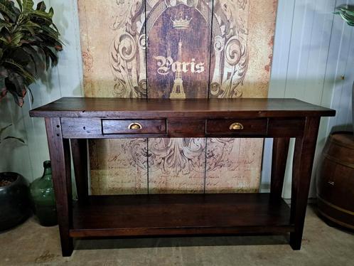 Donker teakhouten sidetable, wandcnsole, haltafel afm. 140x3, Huis en Inrichting, Tafels | Sidetables, Zo goed als nieuw, 25 tot 50 cm