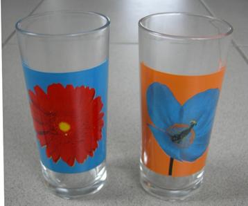 Frisdrankglas / limonadeglas met bloemmotief (2x). Ø 6,5x14 beschikbaar voor biedingen