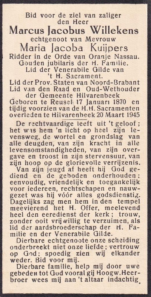 Willekens Marcus 1870 Reusel 1945 Hilvarenbeek, Verzamelen, Ophalen of Verzenden, Bidprentje