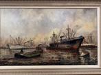 Havengezicht met Schepen - Olieverfschilderij Gesigneerd, Antiek en Kunst, Ophalen
