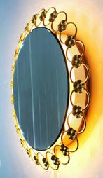 Vintage wandspiegel Hollywood Regency spiegel messing licht, Gebruikt, Rond, Ophalen of Verzenden, Minder dan 100 cm