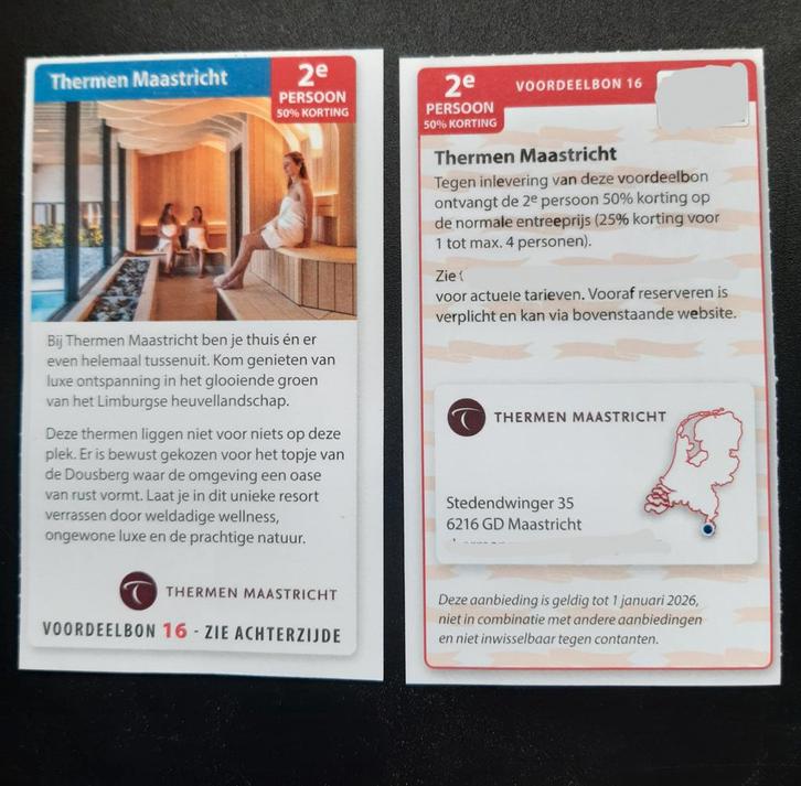 Sauna Thermen Maastricht 2e persoon 50% korting, Tickets en Kaartjes, Kortingen en Cadeaubonnen