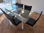 Moderne glazen eettafel met Vandenberg Orea Eetkamerstoelen, Huis en Inrichting, Stoelen, Gebruikt, Zwart, Leer, Ophalen of Verzenden