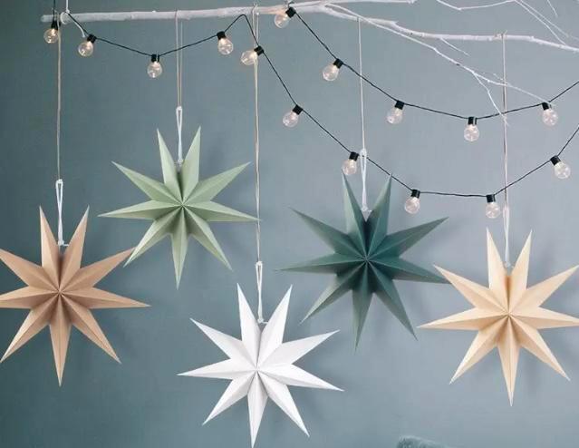 Set 5 kerststerren nieuw retro papieren ster 30cm groen wit, Diversen, Kerst, Nieuw, Ophalen of Verzenden