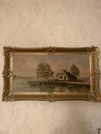 Schilderij van een huisje aan het water in gouden lijst, Antiek en Kunst, Ophalen of Verzenden