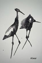 Aquarel kraanvogels abstract, Antiek en Kunst, Ophalen of Verzenden