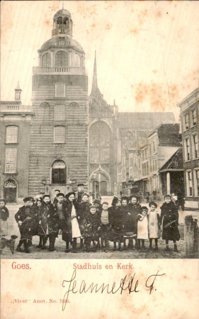 Goes- Stadhuis en kerk, Verzamelen, Ansichtkaarten | Nederland, Gelopen, Zeeland, Voor 1920, Ophalen of Verzenden
