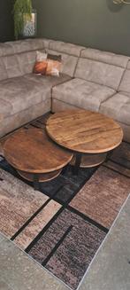 Salontafel set 2 laags rond mangohout / zwart metaal, Huis en Inrichting, Tafels | Salontafels, Ophalen, 50 tot 100 cm, Rond, 50 tot 100 cm