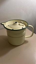 Crème/groen brocante emaille melkkoker met gouden bies, Antiek en Kunst, Ophalen