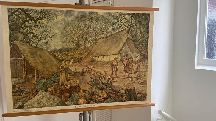 Schoolkaart Hunnebedbouwers origineel!, Antiek en Kunst, Antiek | Schoolplaten, Geschiedenis, Ophalen of Verzenden
