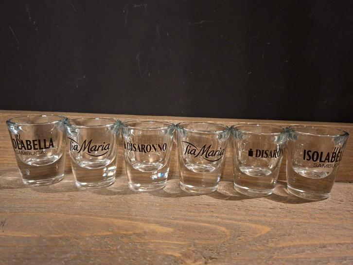 6 Shotglaasjes Tia Maria, Isolabella & Disaronno, Huis en Inrichting, Keuken | Keukenbenodigdheden, Zo goed als nieuw, Ophalen of Verzenden