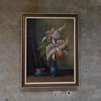 Oud olieverf schilderij orchideen bloemen lijst, Ophalen of Verzenden
