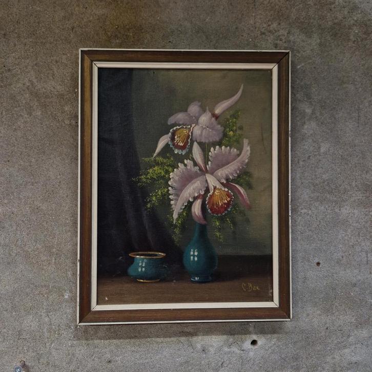 Oud olieverf schilderij orchideen bloemen lijst, Antiek en Kunst, Kunst | Schilderijen | Klassiek, Ophalen of Verzenden