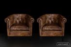 Gecapitonneerde chesterfield clubfauteuils in zadelleer, Nieuw, Ophalen of Verzenden, 75 tot 100 cm, Leer