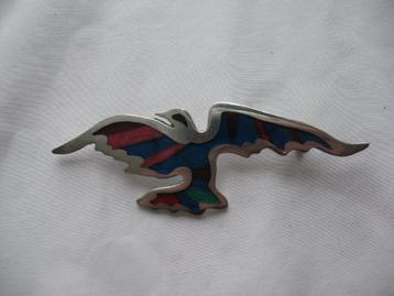 Zilvertone  Grote Broche met kleur Vogel  beschikbaar voor biedingen