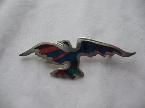 Zilvertone  Grote Broche met kleur Vogel, Sieraden, Tassen en Uiterlijk, Antieke sieraden, Broche, Overige materialen, Ophalen of Verzenden