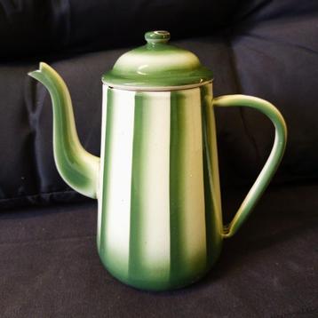 Vintage Emaille Theepot Koffiepot Groen Wit Gestreept Antiek beschikbaar voor biedingen