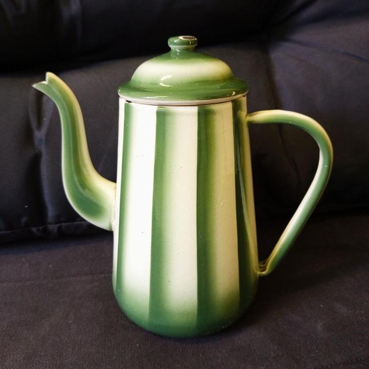 Vintage Emaille Theepot Koffiepot Groen Wit Gestreept Antiek, Antiek en Kunst, Antiek | Emaille, Ophalen of Verzenden