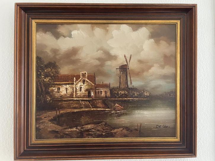 Schilderij, Hollands landschap met molen, De Vries, Antiek en Kunst, Kunst | Schilderijen | Klassiek, Ophalen of Verzenden