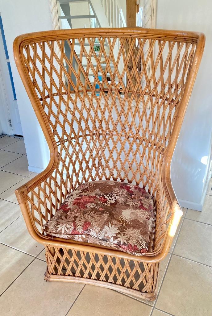 Vintage rotan loungestoel stoel Bohemian Boho Ibiza stijl, Huis en Inrichting, Stoelen, Gebruikt, Eén, Riet of Rotan, Stof, Bruin