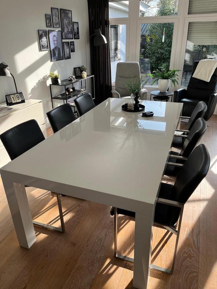 Eettafel hoogglans wit met 6 lederen stoelen, Huis en Inrichting, Tafels | Eettafels, Gebruikt, 100 tot 150 cm, 200 cm of meer