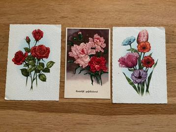3 Antieke waarvan 2 Reliëf Ansichtkaarten - Bloemen 1951 beschikbaar voor biedingen