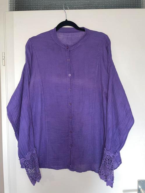 paarse katoenen blouse met kante mouwen mt 44, Kleding | Dames, Blouses en Tunieken, Zo goed als nieuw, Maat 42/44 (L), Paars