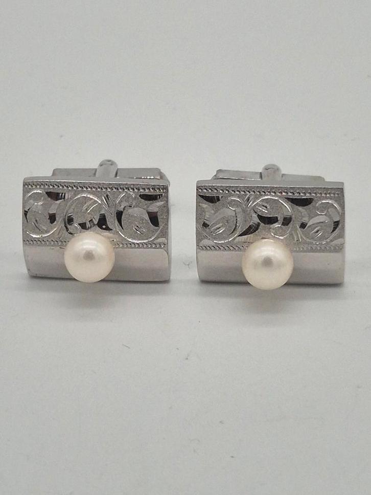 Vintage Zilveren Manchetknopen met Parel, Sieraden, Tassen en Uiterlijk, Manchetknopen, Gebruikt, Zilver, Verzenden