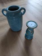 Vaas met aardewerk kandelaar en kussen (Azuurblauw) samen, Huis en Inrichting, Woonaccessoires | Vazen, Minder dan 50 cm, Blauw