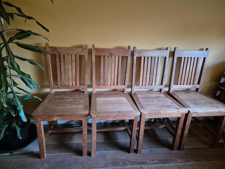 4 stoelen teak hout, Huis en Inrichting, Stoelen, Gebruikt, Vier, Hout, Bruin, Ophalen