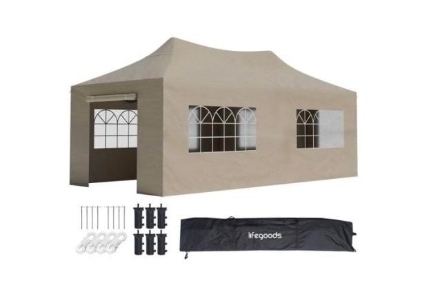Te koop: LifeGoods Partytent 3x6m - Beige, Opvouwbaar, Tuin en Terras, Partytenten, Zo goed als nieuw, Paviljoen, 2 meter of meer