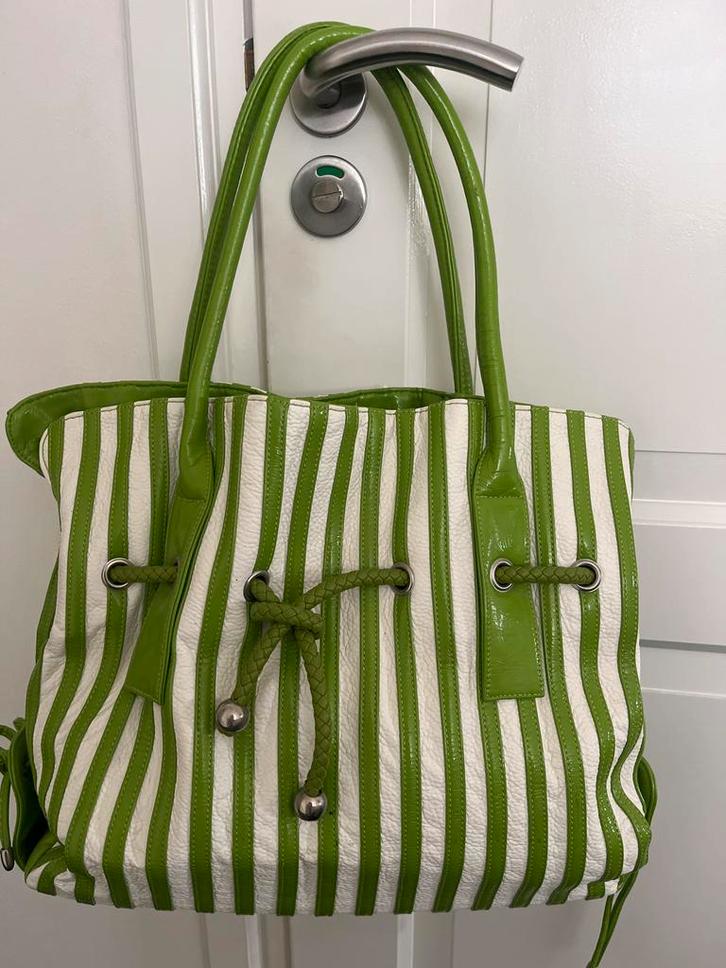 Groen-wit gestreepte handtas, Sieraden, Tassen en Uiterlijk, Tassen | Damestassen, Zo goed als nieuw, Handtas, Groen, Ophalen